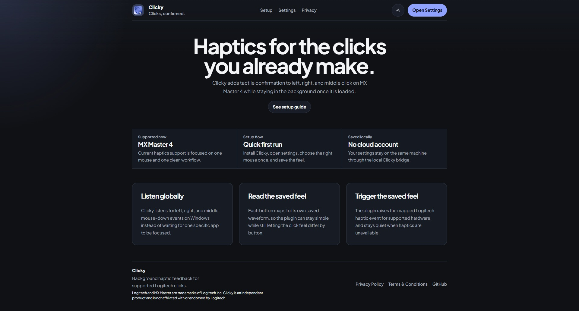 Clicky website with its haptic feedback overview and dark blue interface