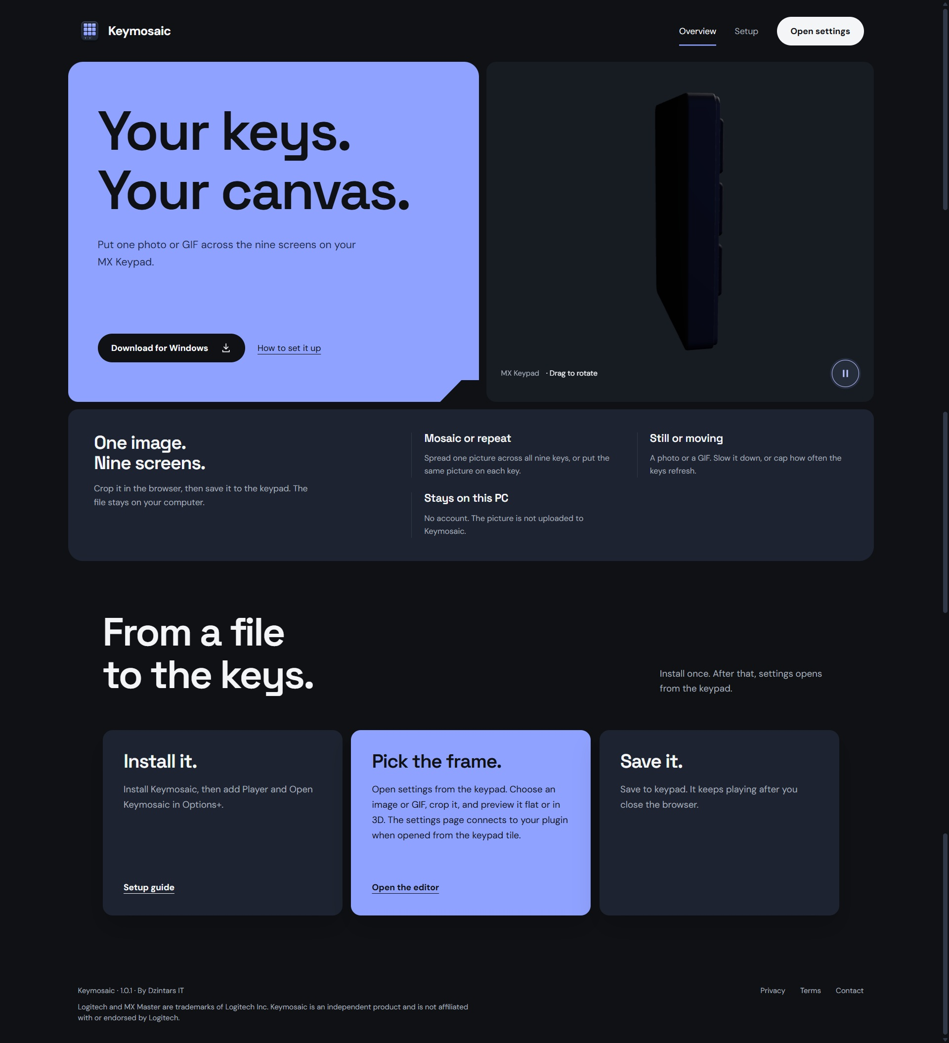 The Keymosaic landing page, showing its image customisation features and MX Keypad preview.